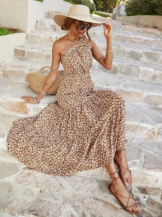 New PRETTYGARDEN Women's Floral Maxi Dress Knot One Shoulder Sleeveless Ruffle Hem Flowy Boho Dress Tan Sz M Best Flip Flops For Flat Feet