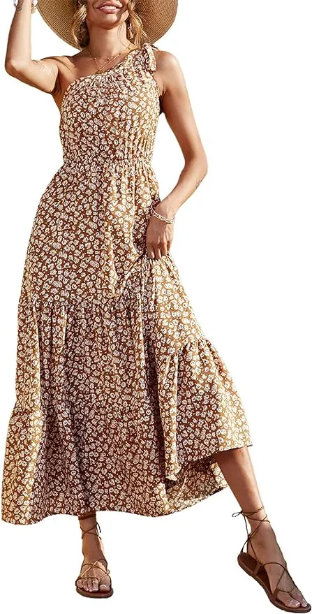 New PRETTYGARDEN Women's Floral Maxi Dress Knot One Shoulder Sleeveless Ruffle Hem Flowy Boho Dress Tan Sz M Thick Rubber Sole Flip Flops