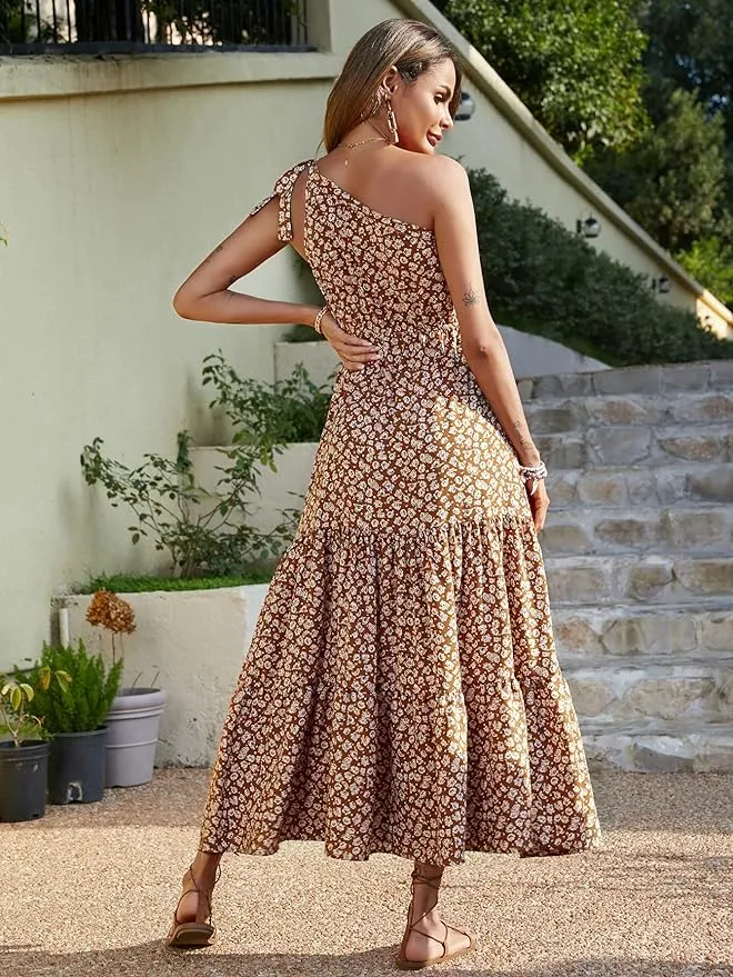 Best Orthopaedic Flip Flops New PRETTYGARDEN Women's Floral Maxi Dress Knot One Shoulder Sleeveless Ruffle Hem Flowy Boho Dress Tan Sz M
