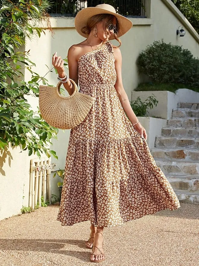 Flip Flops Comfort New PRETTYGARDEN Women's Floral Maxi Dress Knot One Shoulder Sleeveless Ruffle Hem Flowy Boho Dress Tan Sz M