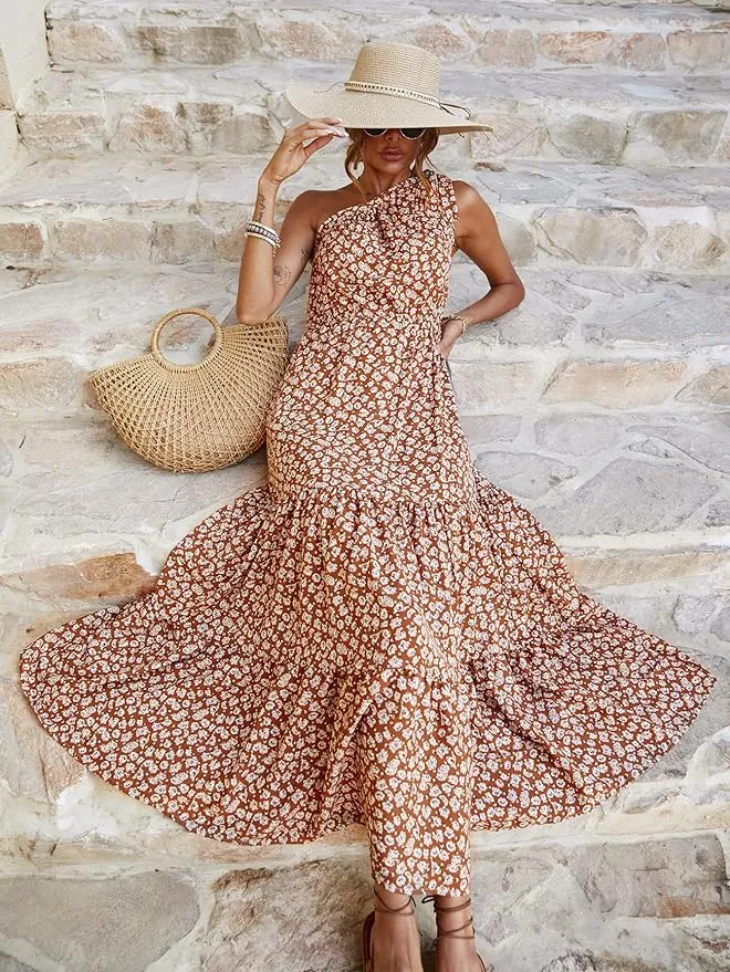 Flip Flops With Height New PRETTYGARDEN Women's Floral Maxi Dress Knot One Shoulder Sleeveless Ruffle Hem Flowy Boho Dress Tan Sz M