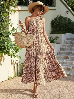 Platform Flip Flop Sandals New PRETTYGARDEN Women's Floral Maxi Dress Knot One Shoulder Sleeveless Ruffle Hem Flowy Boho Dress Tan Sz M