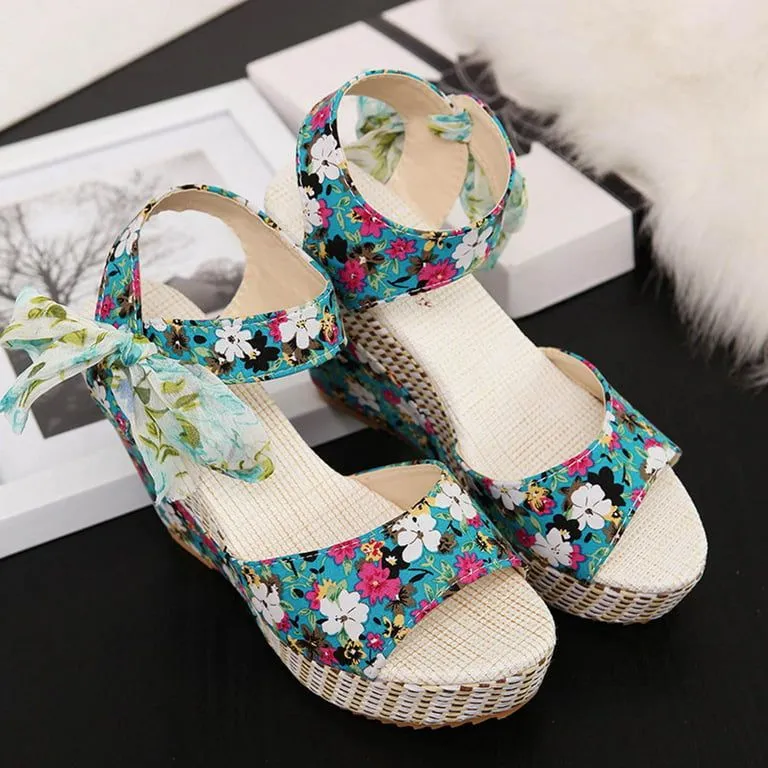 Kawaii Slippers Wedge Lace Laces Floral Pattern High Heels S3365441