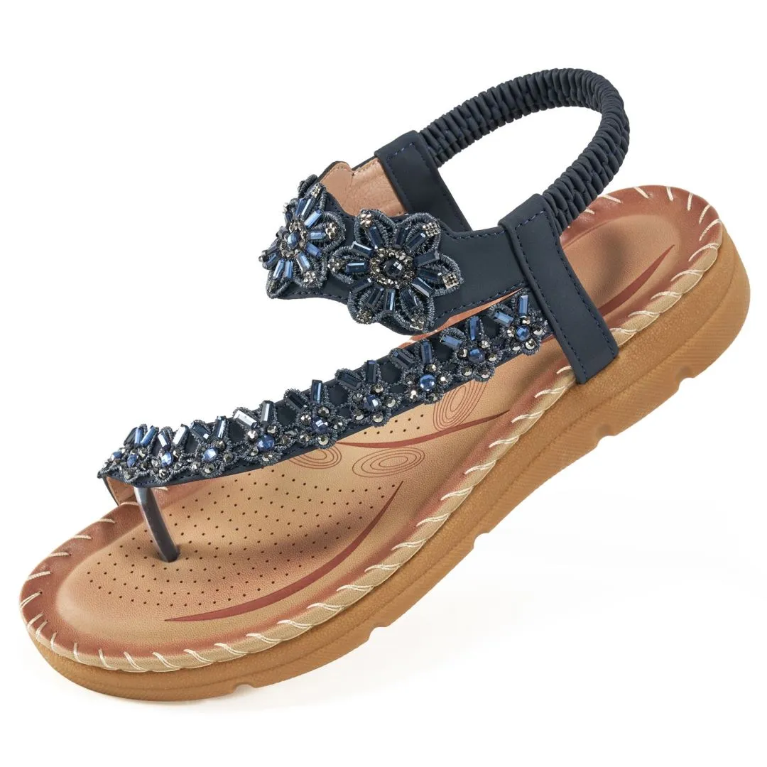 No.7Sandals for Women Comfortable Flats Shoes with Elastic Ankle Strap Gladiator Bohemian Beaded Dress Shoe Outdoor Non Slip Beach Clip Toe Summer Sandal Naot Sandals