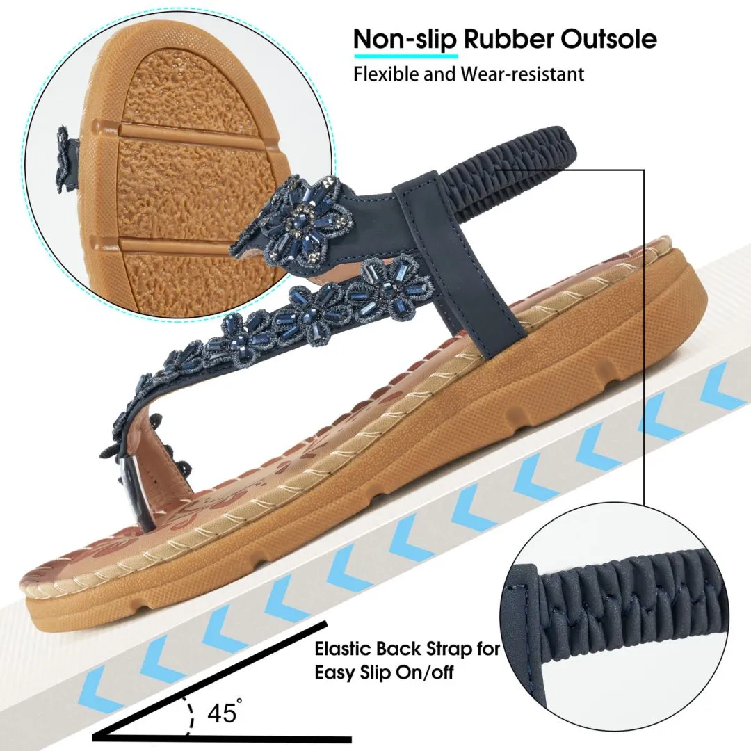 Rafia Sandals No.7Sandals for Women Comfortable Flats Shoes with Elastic Ankle Strap Gladiator Bohemian Beaded Dress Shoe Outdoor Non Slip Beach Clip Toe Summer Sandal