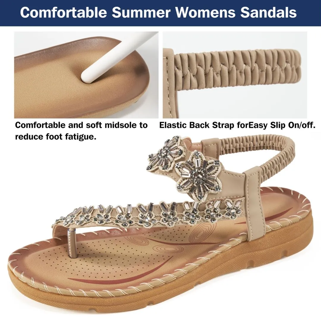 No.7Sandals for Women Comfortable Flats Shoes with Elastic Ankle Strap Gladiator Bohemian Beaded Dress Shoe Outdoor Non Slip Beach Clip Toe Summer Sandal Opener Sandals