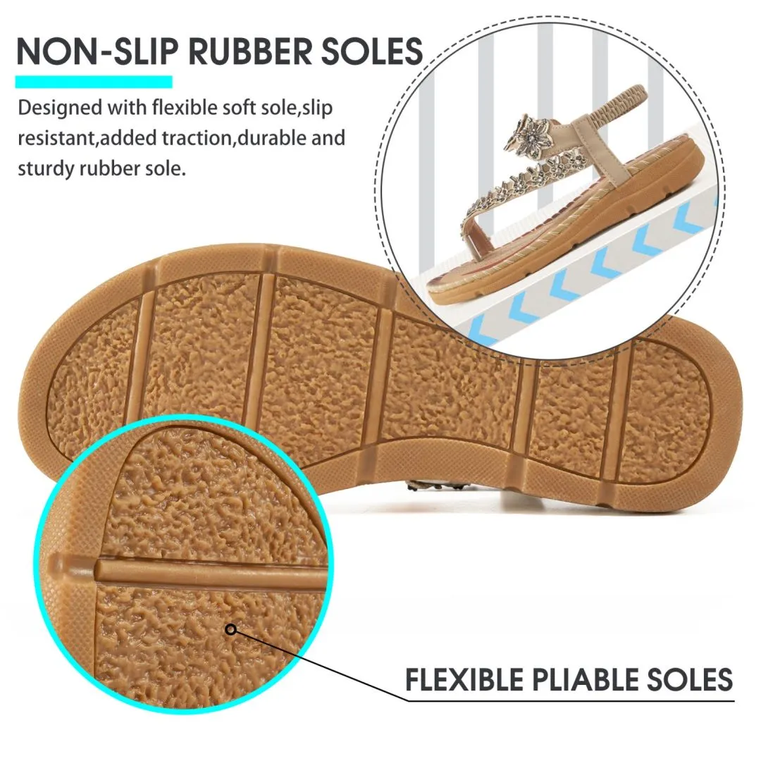 Sandals For High Arches No.7Sandals for Women Comfortable Flats Shoes with Elastic Ankle Strap Gladiator Bohemian Beaded Dress Shoe Outdoor Non Slip Beach Clip Toe Summer Sandal