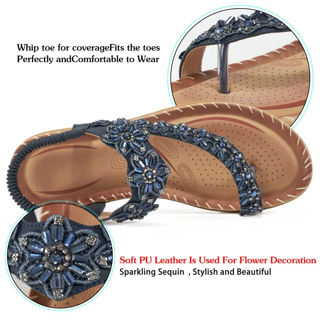 No.7Sandals for Women Comfortable Flats Shoes with Elastic Ankle Strap Gladiator Bohemian Beaded Dress Shoe Outdoor Non Slip Beach Clip Toe Summer Sandal Espadrille Sandals Closed Toe