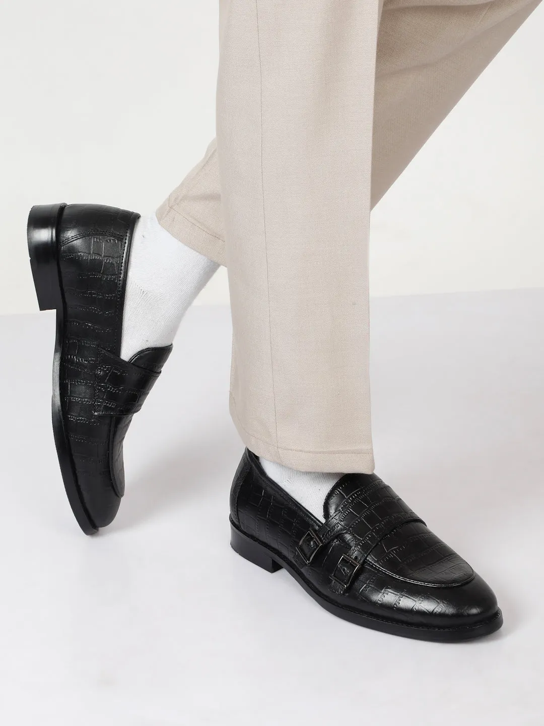 Men's Black Texture Leather Monk Strap Loafers Platform Slip On Loafers