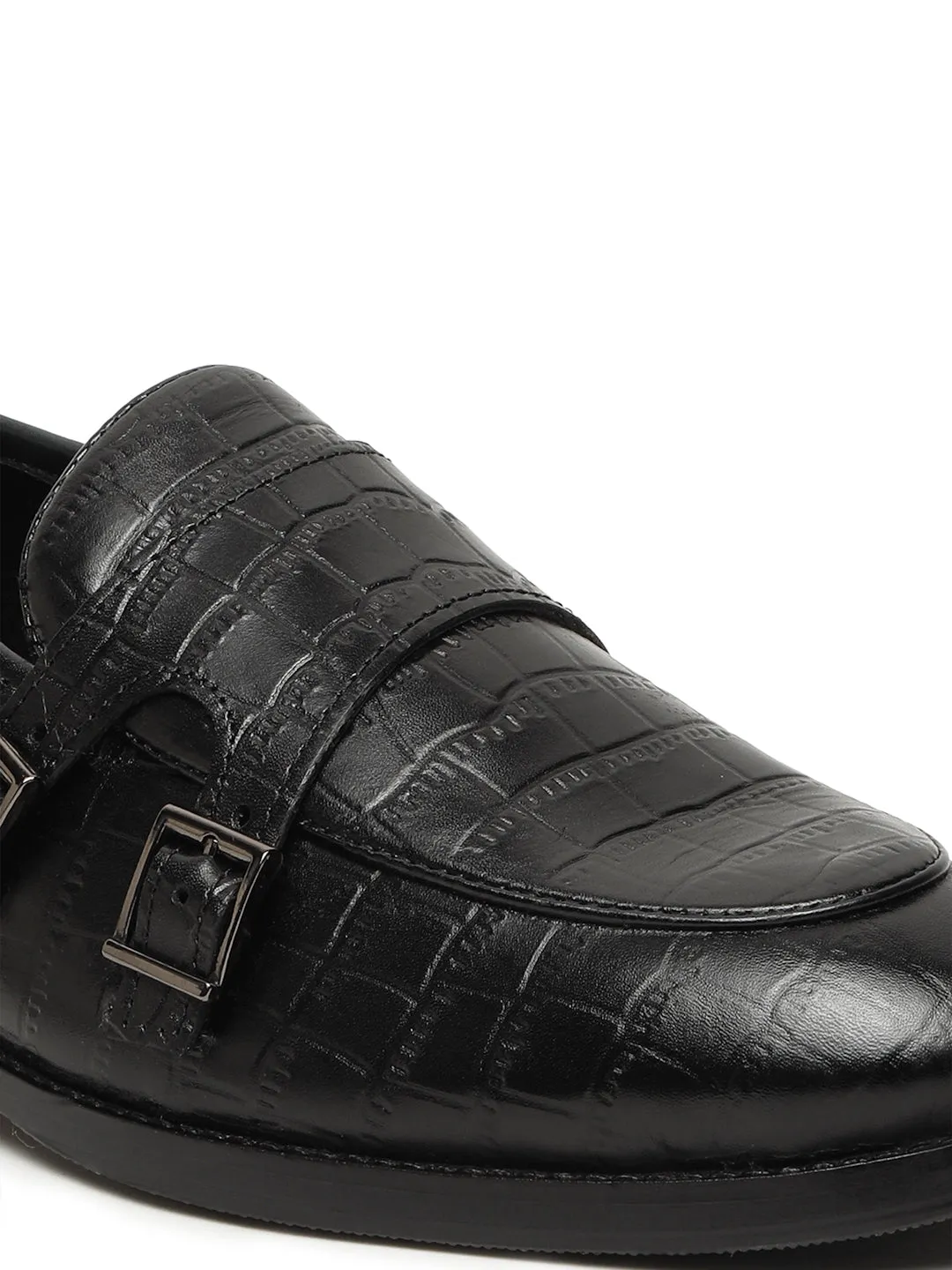 Men's Black Texture Leather Monk Strap Loafers Triangle-patch Leather Loafers
