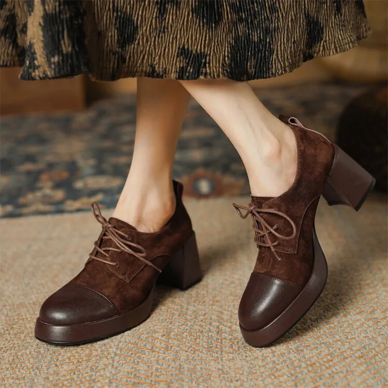 Women Cap Toe Lace Up Leather Chunky Oxford Shoes 65mm Block Heel in Brown/Black Heel Oxford