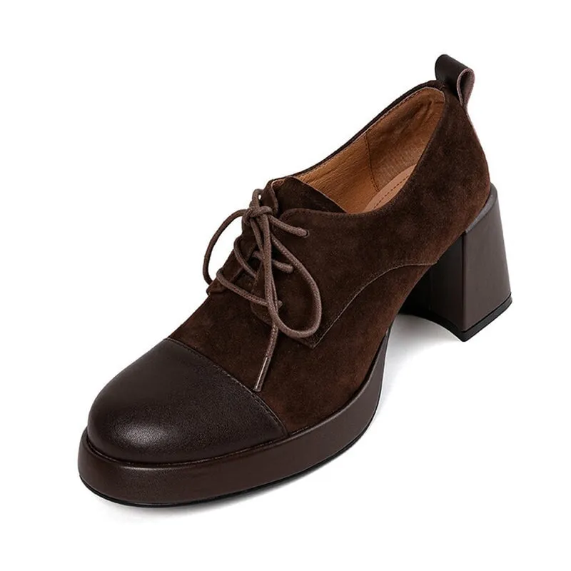 2 Zerogrand Laser Wing Oxford Women Cap Toe Lace Up Leather Chunky Oxford Shoes 65mm Block Heel in Brown/Black