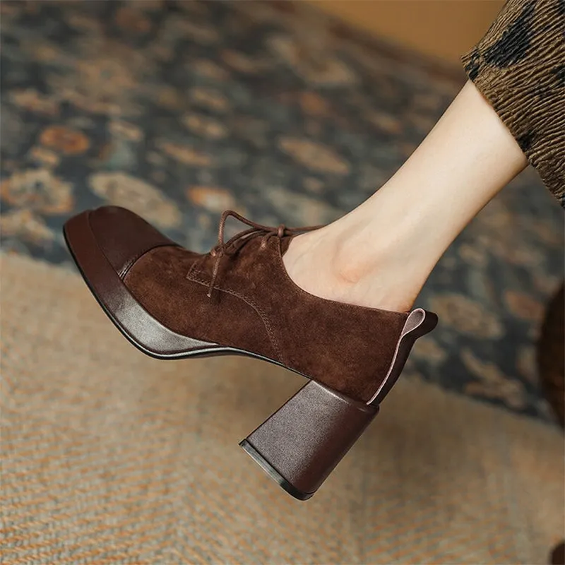 Women Cap Toe Lace Up Leather Chunky Oxford Shoes 65mm Block Heel in Brown/Black Most Comfortable Oxfords