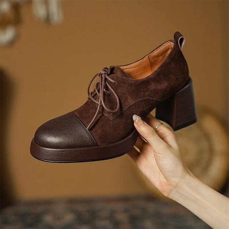 Bates Oxford Women Cap Toe Lace Up Leather Chunky Oxford Shoes 65mm Block Heel in Brown/Black