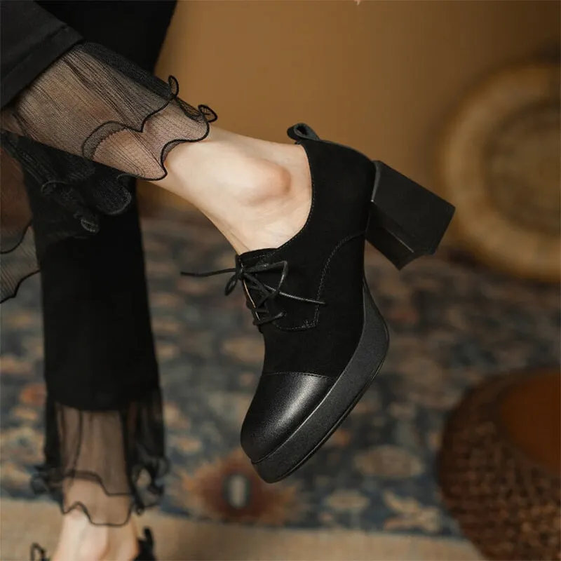 Women Cap Toe Lace Up Leather Chunky Oxford Shoes 65mm Block Heel in Brown/Black Parties-mate Oxford