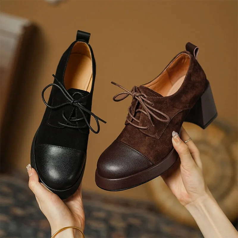 Women Cap Toe Lace Up Leather Chunky Oxford Shoes 65mm Block Heel in Brown/Black Oxfords Not Rhodes
