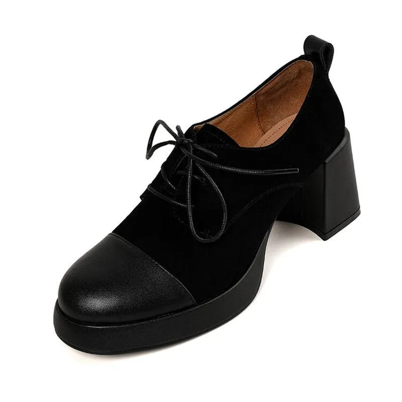 Women Cap Toe Lace Up Leather Chunky Oxford Shoes 65mm Block Heel in Brown/Black Antony's Oxford