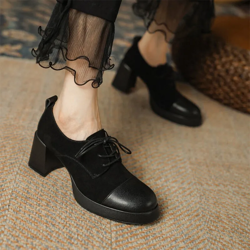 Women Cap Toe Lace Up Leather Chunky Oxford Shoes 65mm Block Heel in Brown/Black Tan Plain Toe Oxfords