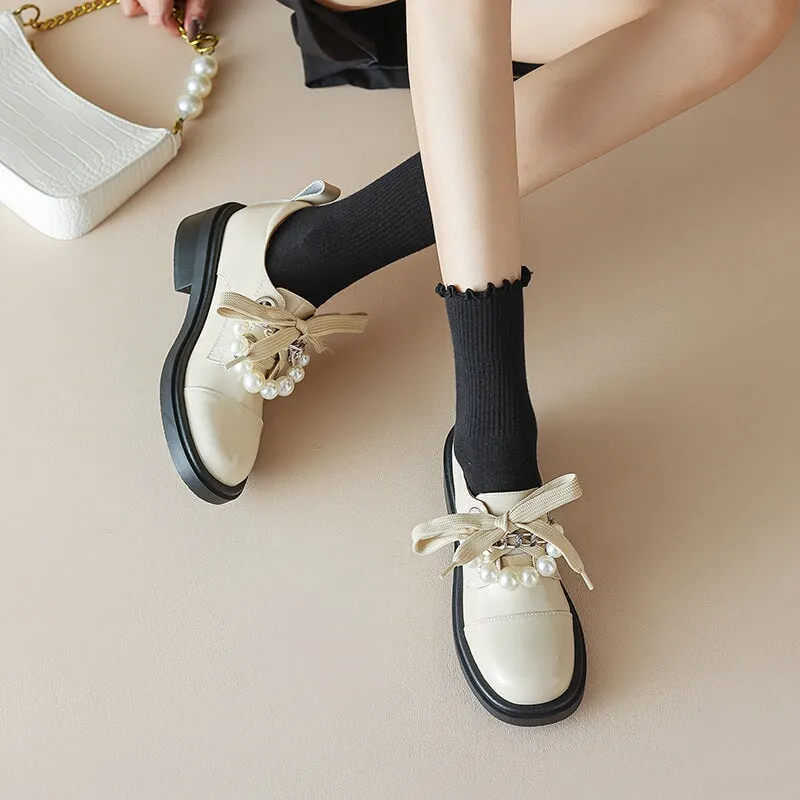 Ankle Strap Oxfords Women Cap Toe Lace Up Peal-embellishment Chunky Derby Shoes in Brown/White/Black