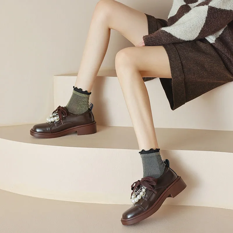 Designer Oxfords Women Cap Toe Lace Up Peal-embellishment Chunky Derby Shoes in Brown/White/Black