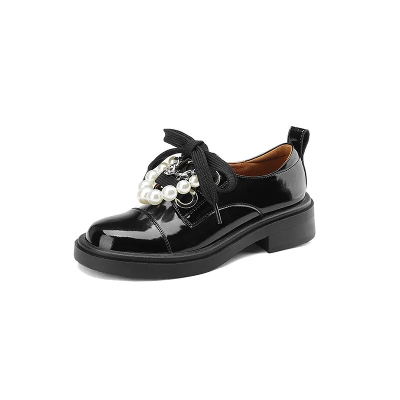 Comfortable Tuxedo Oxfords Women Cap Toe Lace Up Peal-embellishment Chunky Derby Shoes in Brown/White/Black
