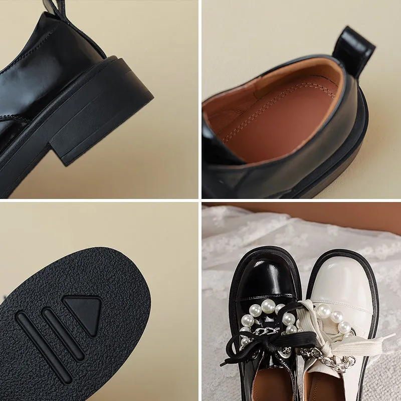 Women Cap Toe Lace Up Peal-embellishment Chunky Derby Shoes in Brown/White/Black Brogues Not Oxfords