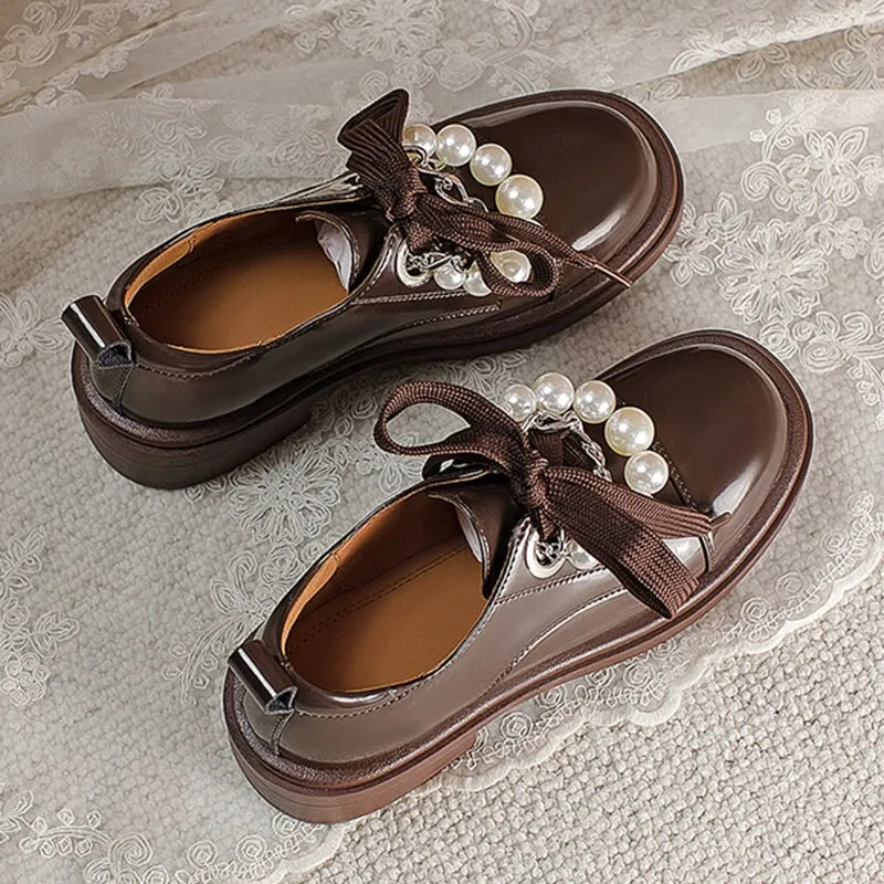 Women Cap Toe Lace Up Peal-embellishment Chunky Derby Shoes in Brown/White/Black Brown Oxfords