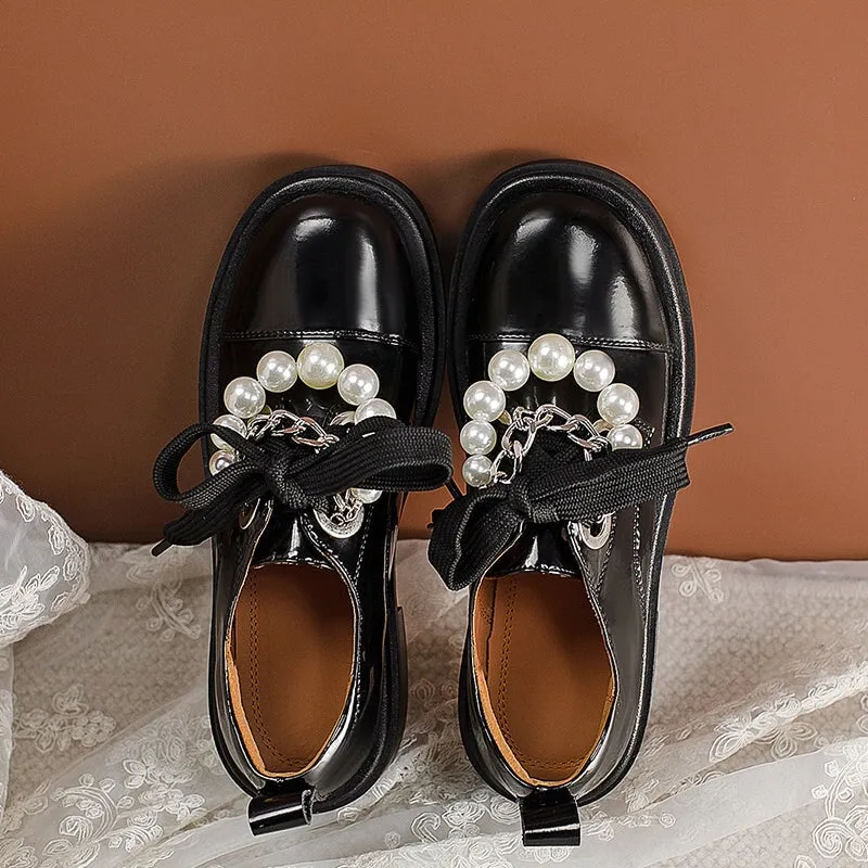 Women Cap Toe Lace Up Peal-embellishment Chunky Derby Shoes in Brown/White/Black Knock Off Oxfords