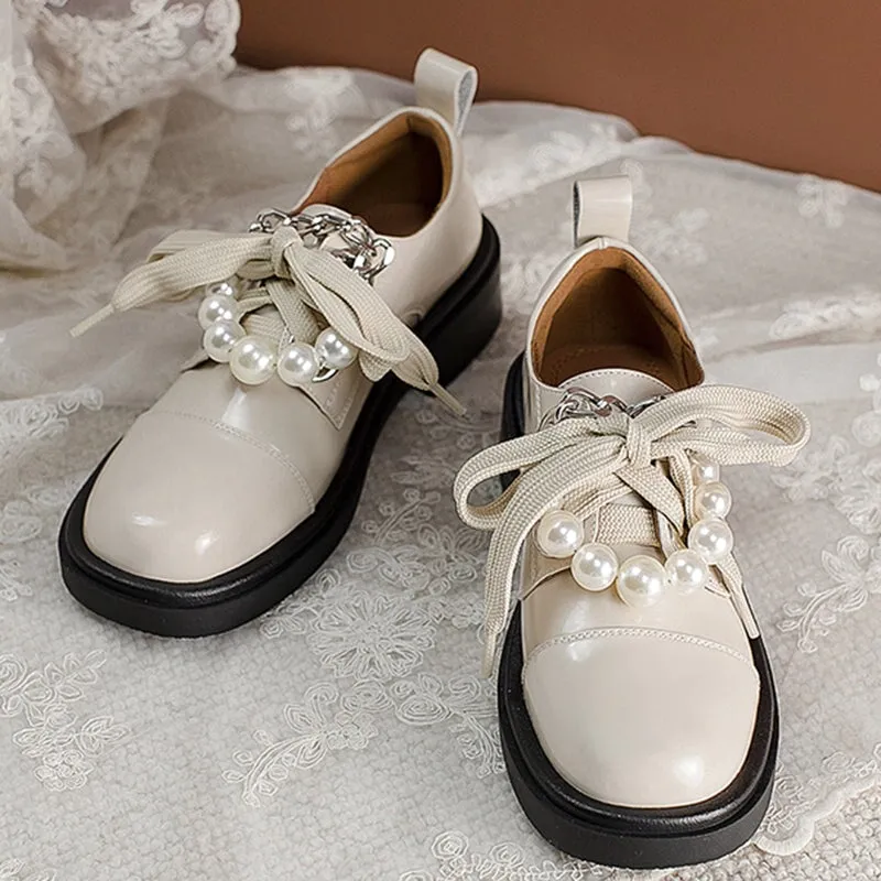 Women Cap Toe Lace Up Peal-embellishment Chunky Derby Shoes in Brown/White/Black Marc Moc Toe Oxfords