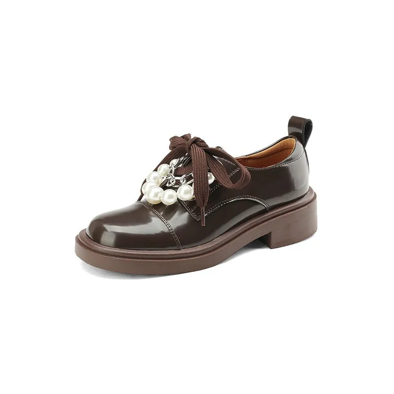 Women Cap Toe Lace Up Peal-embellishment Chunky Derby Shoes in Brown/White/Black Oxford Style Tap Shoes