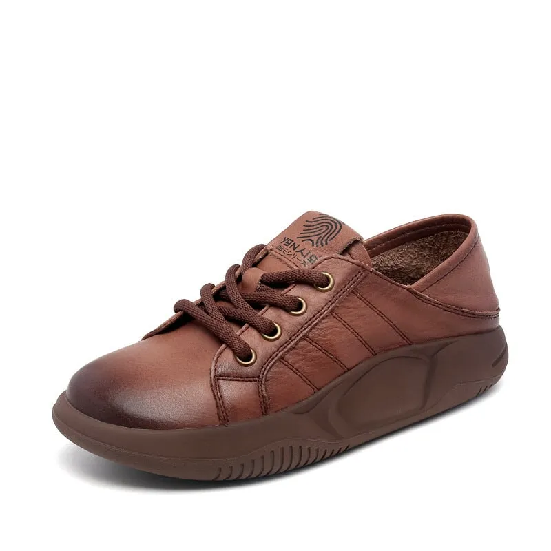 Loafers And Oxfords Canada Women Round Toe Lace Up Leather Platform Oxfords in Brown/Khaki