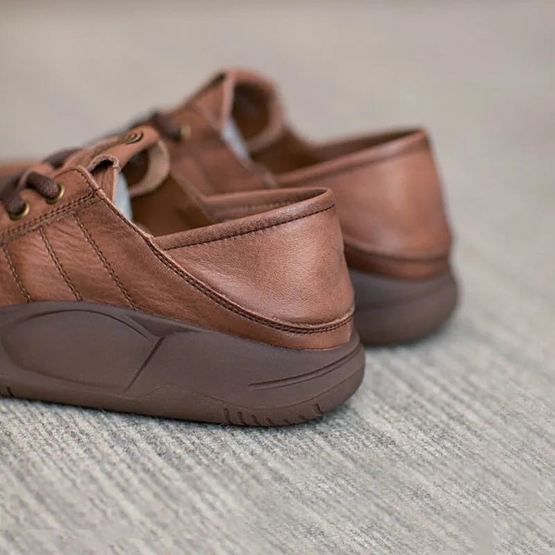 Women Round Toe Lace Up Leather Platform Oxfords in Brown/Khaki Oxford Wedge Heels