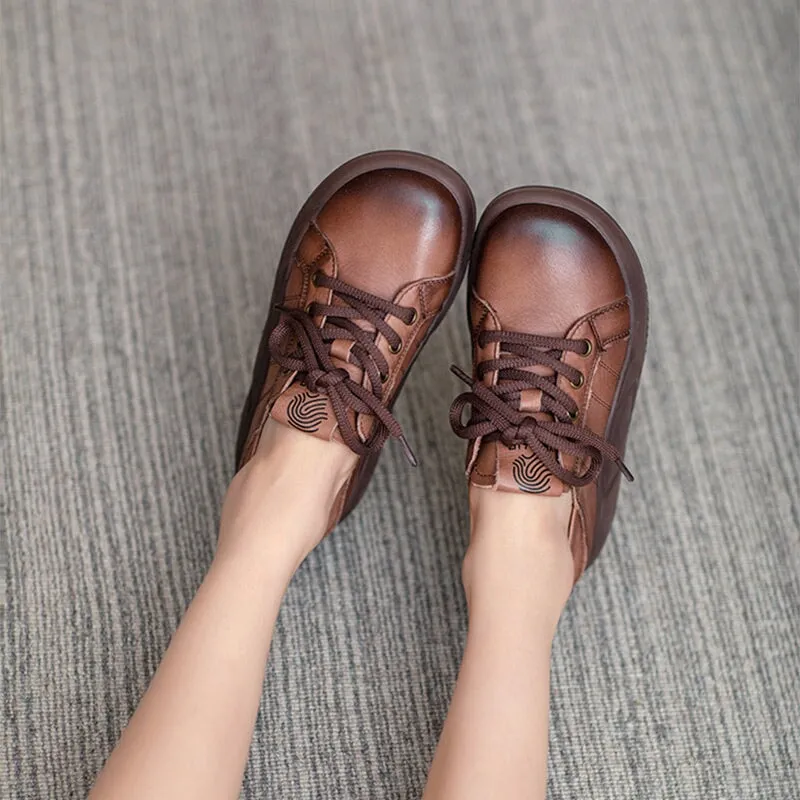 Women Round Toe Lace Up Leather Platform Oxfords in Brown/Khaki Wide Leg Pants With Oxfords