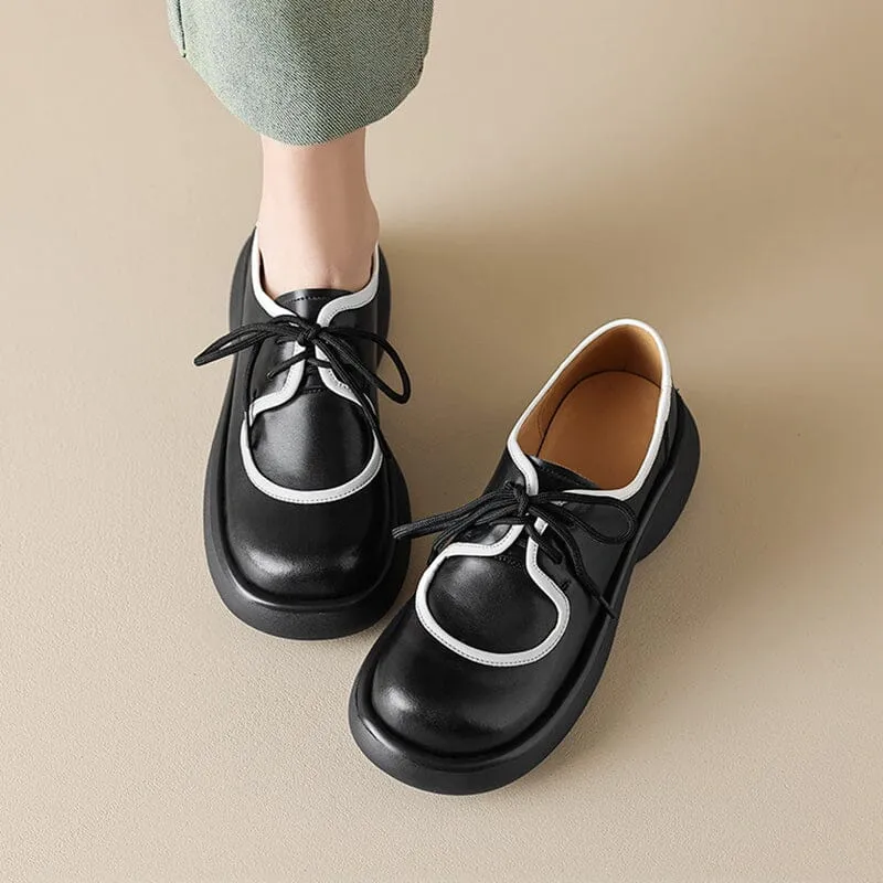 Women Round Toe Lace Up Platform Oxfords in Brown/Black High Instep Oxfords