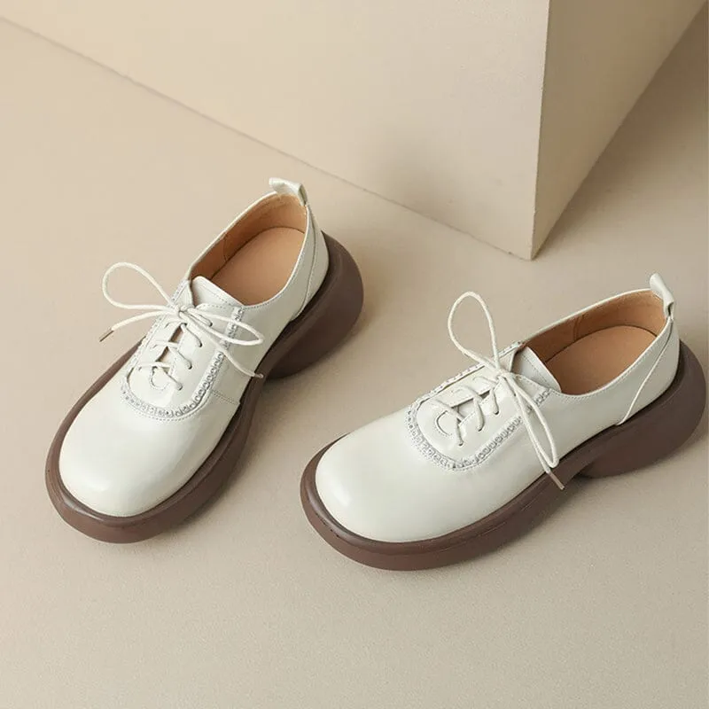 Tyler Oxfords Women Round Toe Lace Up Platform Oxfords Patent Leather in Beige/Black