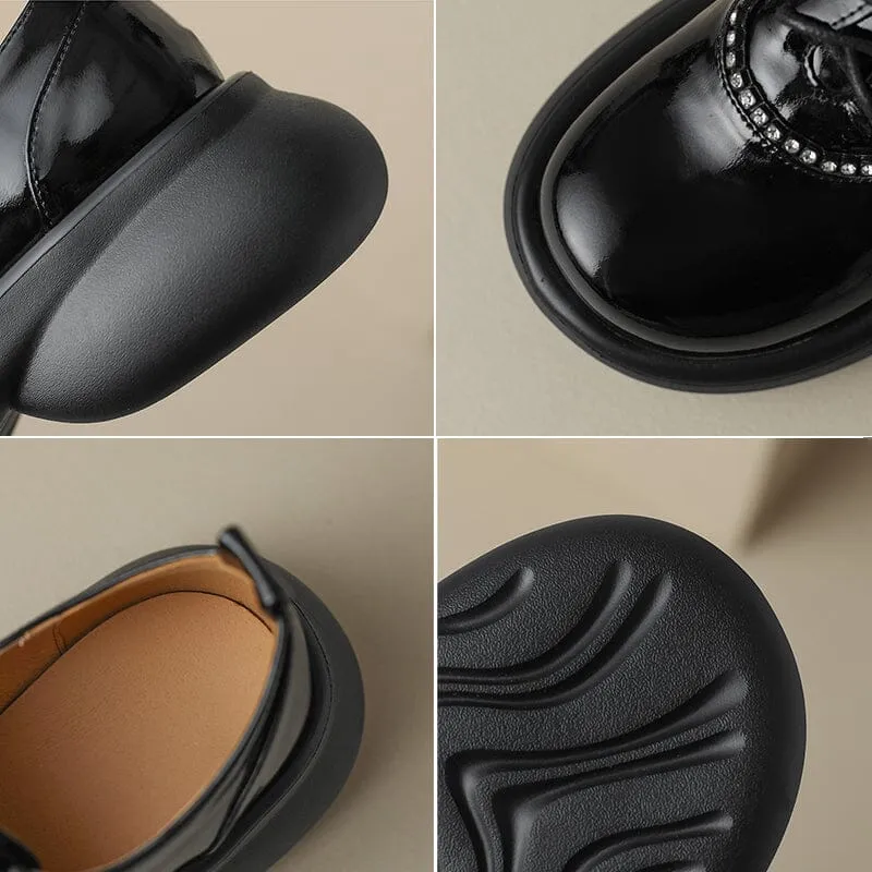 Women Round Toe Lace Up Platform Oxfords Patent Leather in Beige/Black Oxford Button Up