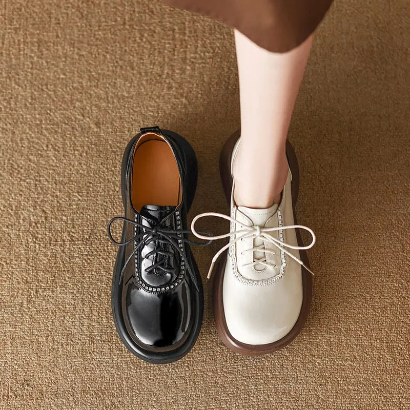 Upton Wingtip Oxfords Women Round Toe Lace Up Platform Oxfords Patent Leather in Beige/Black