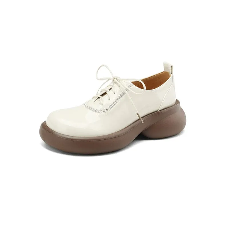 Women Round Toe Lace Up Platform Oxfords Patent Leather in Beige/Black Oxford Shoe Definition