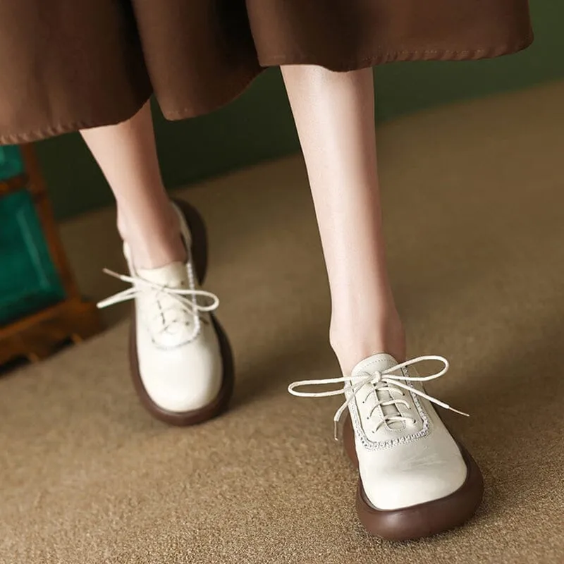 Oxfords For Business Casual Women Round Toe Lace Up Platform Oxfords Patent Leather in Beige/Black