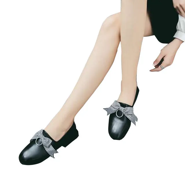 Calfskin Oxfords Women Spring Shoes Butterfly-knot Ring Decoration Causal Shoes