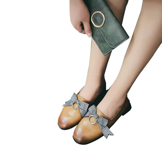 Women Spring Shoes Butterfly-knot Ring Decoration Causal Shoes Lace Up Leather Oxfords