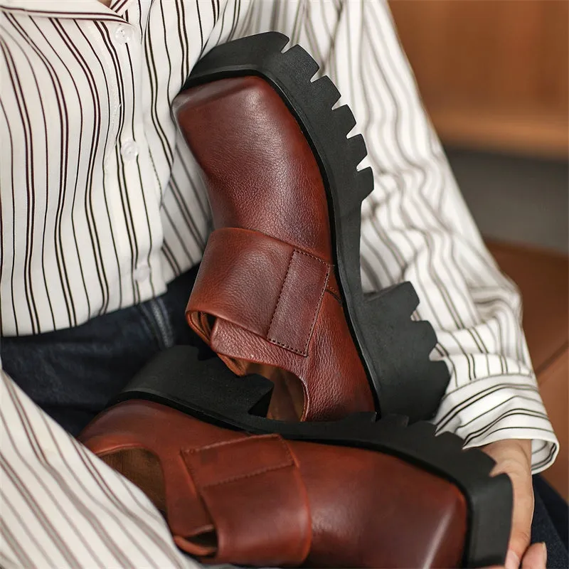 Oxford Shoes Deals Women Square Toe Touch-strap Chunky Derby Shoes in Coffee/Black