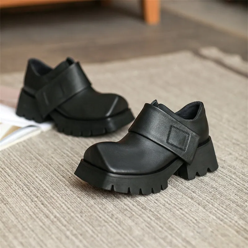 Women Square Toe Touch-strap Chunky Derby Shoes in Coffee/Black Oxford Color Grey