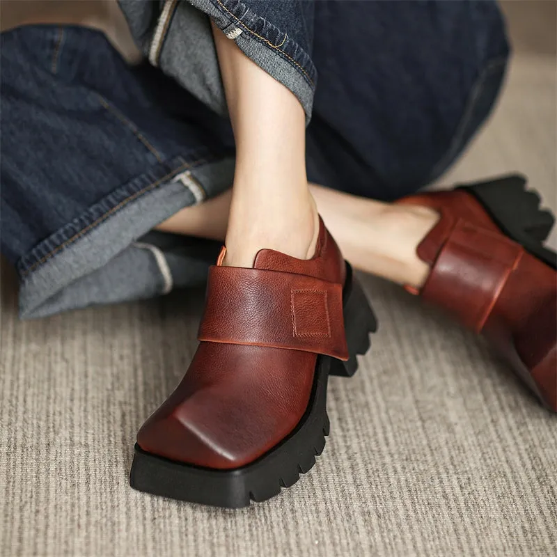 Vintage Oxford Shoes Women Square Toe Touch-strap Chunky Derby Shoes in Coffee/Black