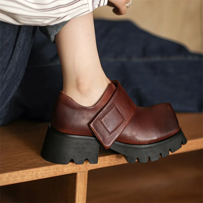 Sports Oxford Women Square Toe Touch-strap Chunky Derby Shoes in Coffee/Black