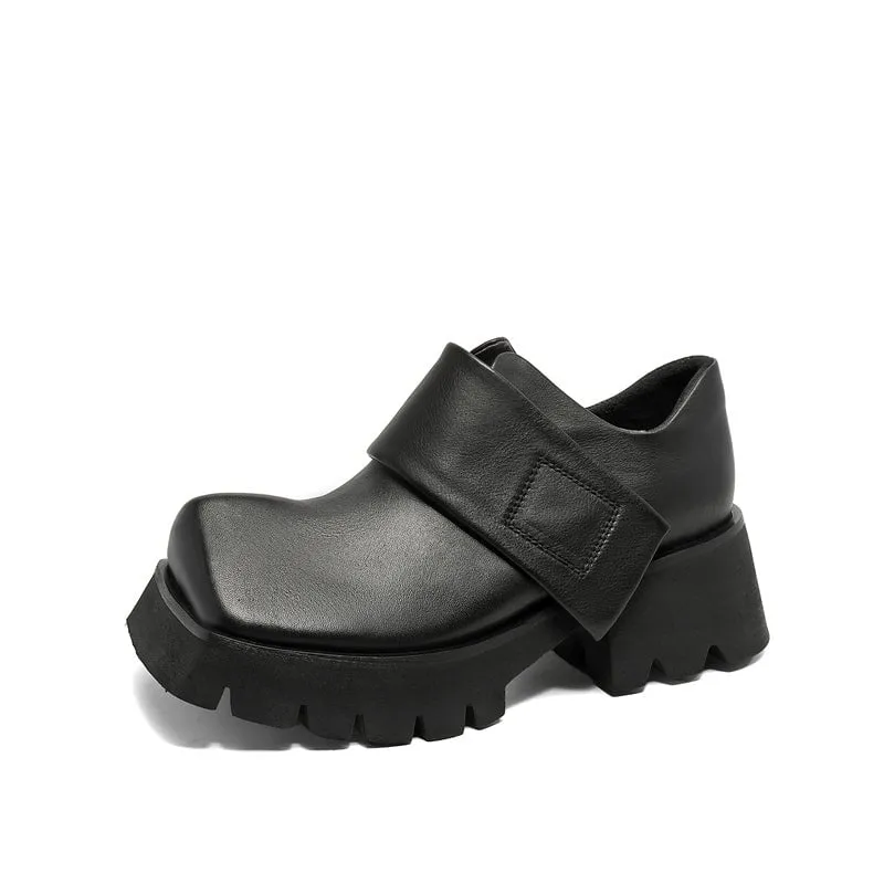 Women Square Toe Touch-strap Chunky Derby Shoes in Coffee/Black Hines Oxfords