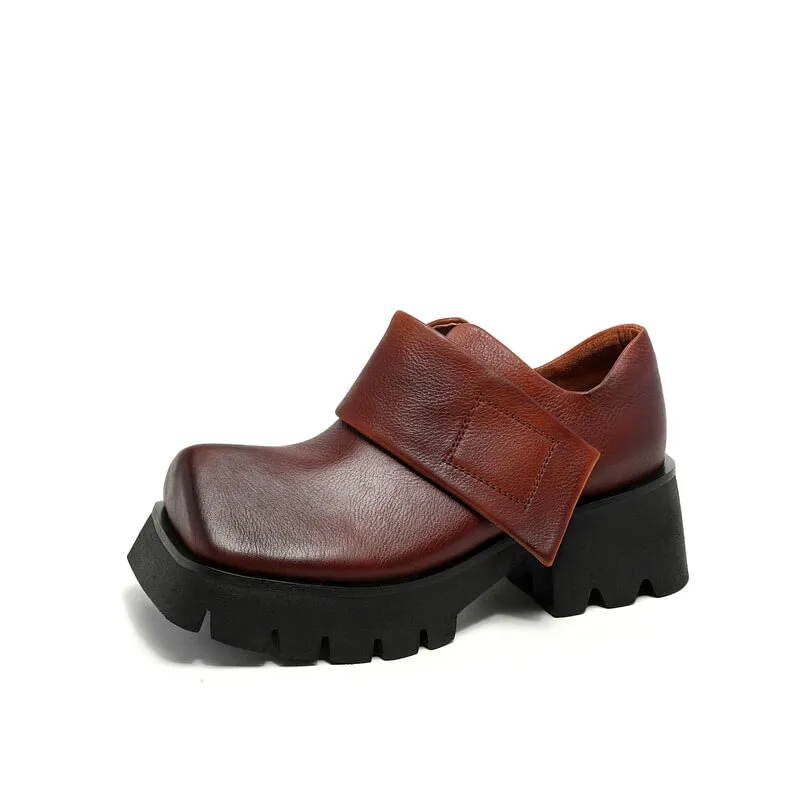 Oxford Cap Toe Women Square Toe Touch-strap Chunky Derby Shoes in Coffee/Black