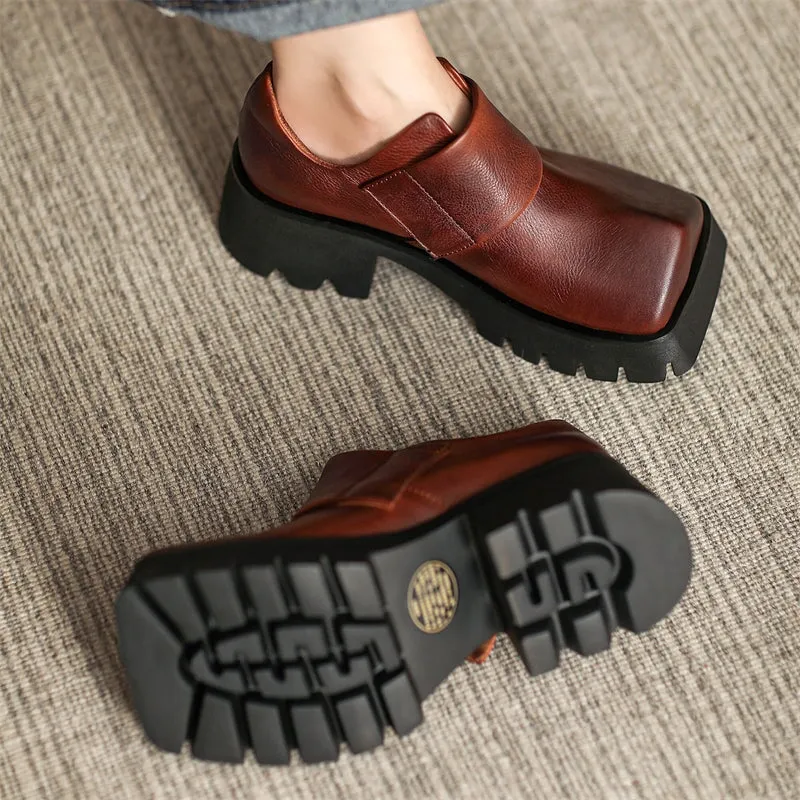 Women Square Toe Touch-strap Chunky Derby Shoes in Coffee/Black Tactical Ranger Oxfords