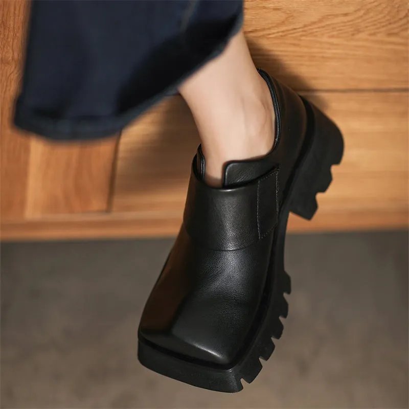 Women Square Toe Touch-strap Chunky Derby Shoes in Coffee/Black Chinos And Oxfords