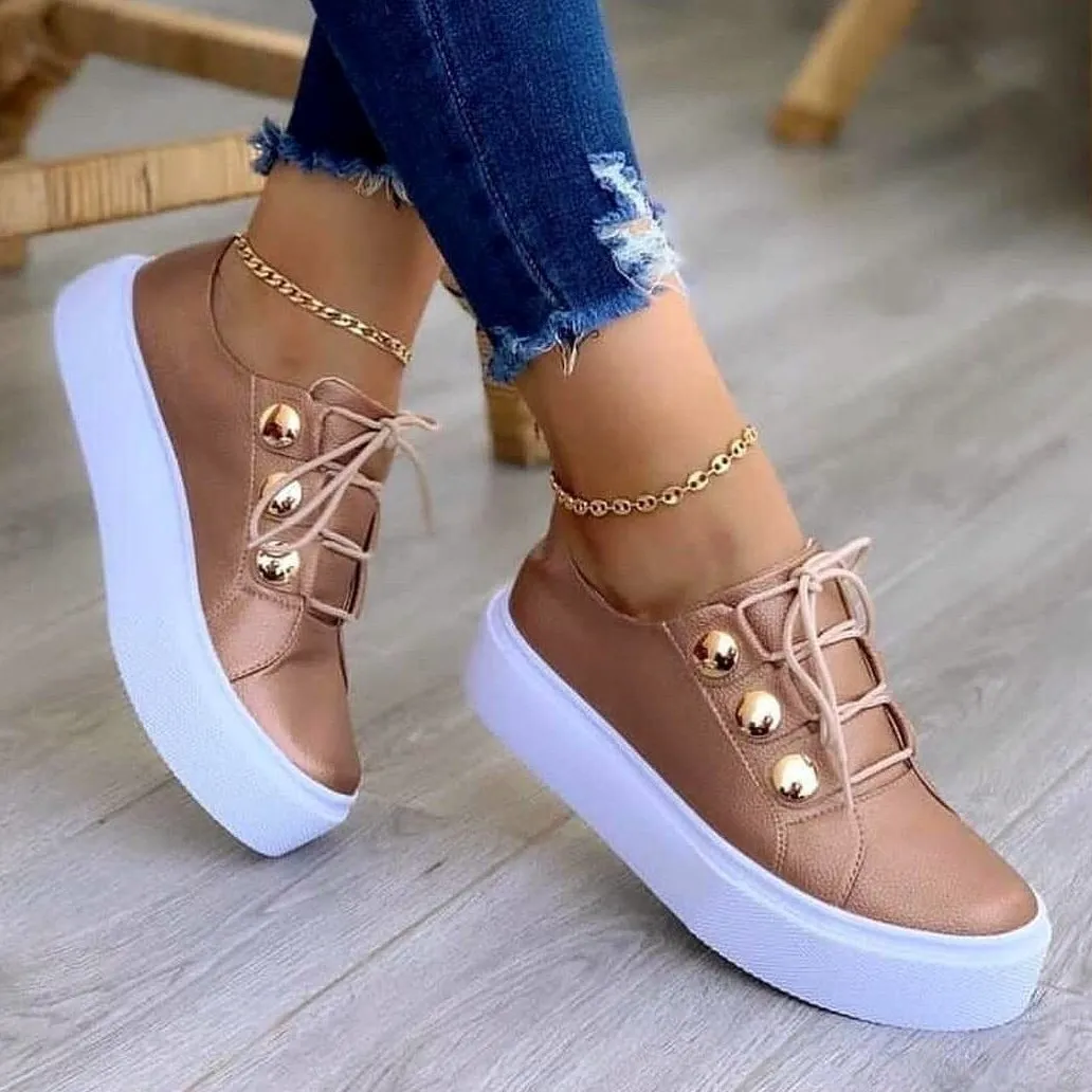 Women studded lace up thick sole flat cute sneakers G Fazos Sneakers